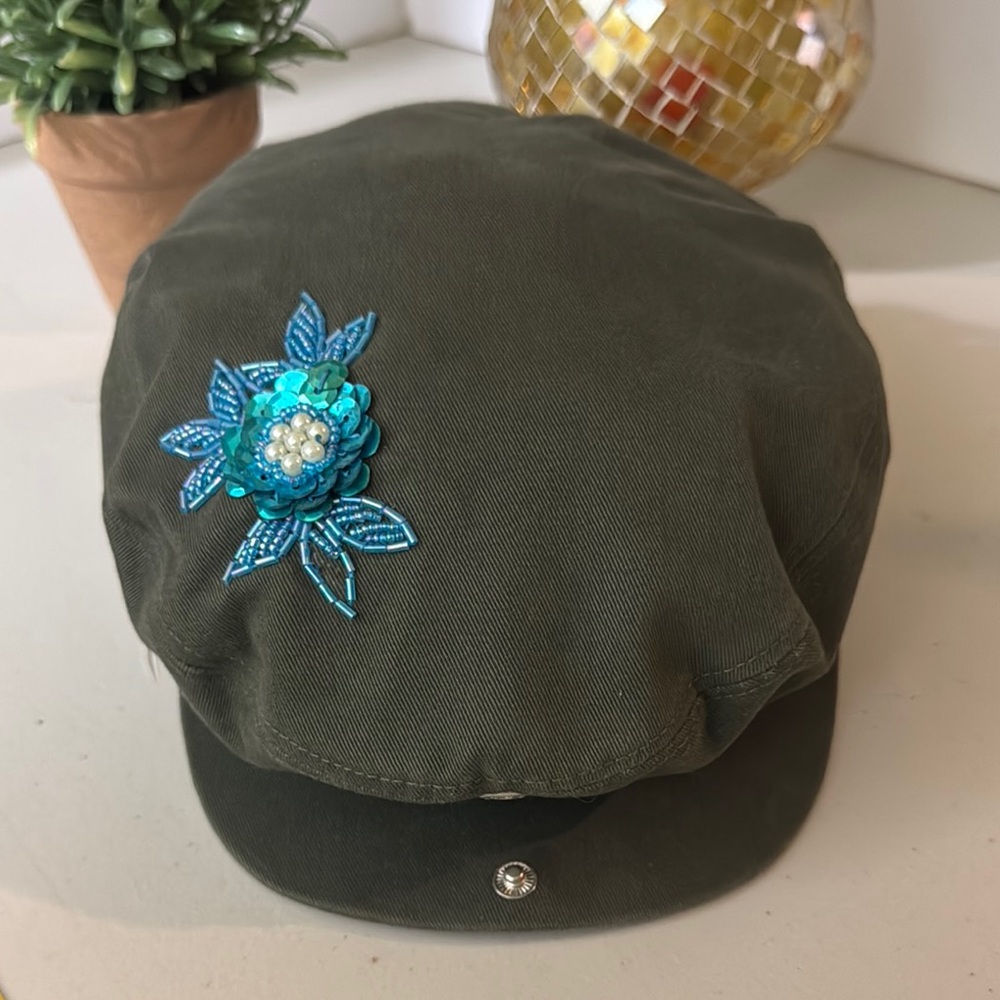 Vintage Military Style CaP Women’s Blue Floral Embellishment Beaded Detail